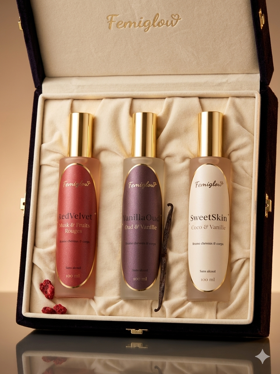 Pack 3 Brumes Parfumées Femiglow – Coco Vanille, Oud Vanille & Musk Fruits Rouges | Sans Alcool