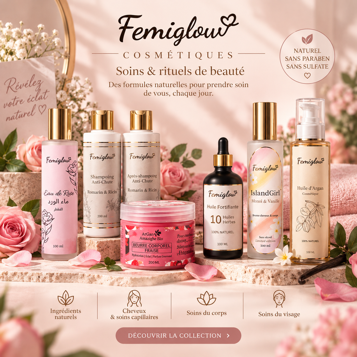 Produits cosmétiques naturels Femiglow – soins cheveux, corps et beauté au Maroc