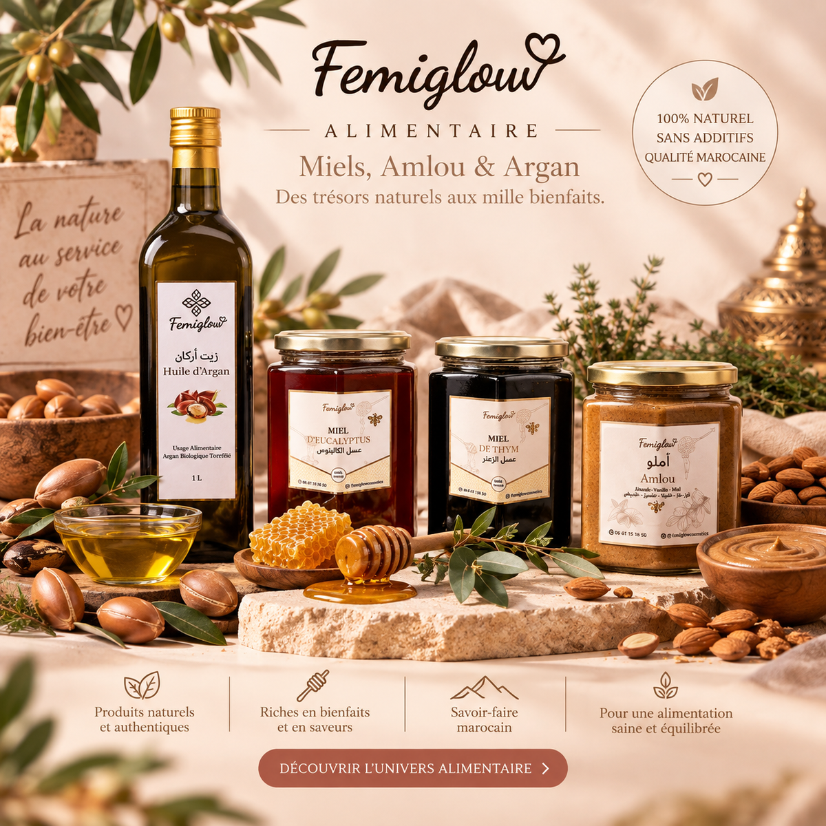 Produits alimentaires naturels Femiglow – miel, amlou et huile d’argan du Maroc