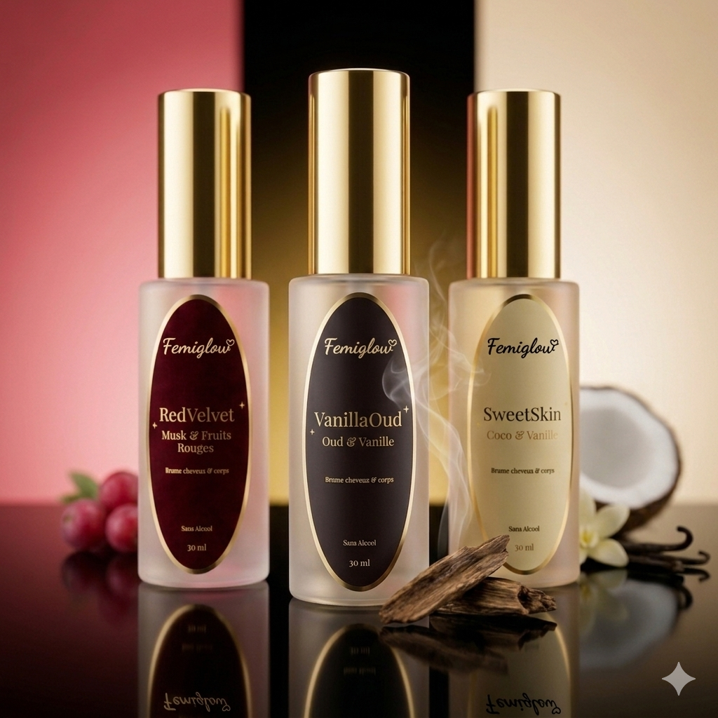 Pack 3 Brumes Parfumées Femiglow – Coco Vanille, Oud Vanille & Musk Fruits Rouges | Sans Alcool - 30 ml