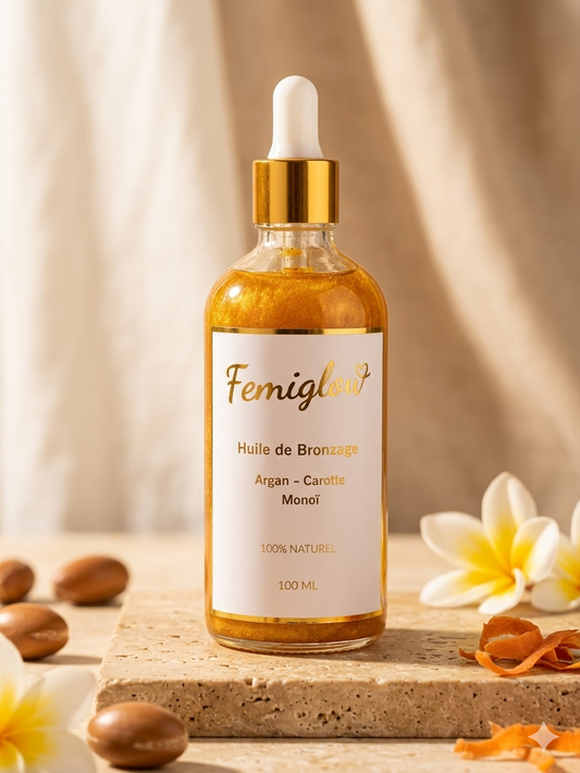 Huile de Bronzage Scintillante – Carotte, Argan & Monoï