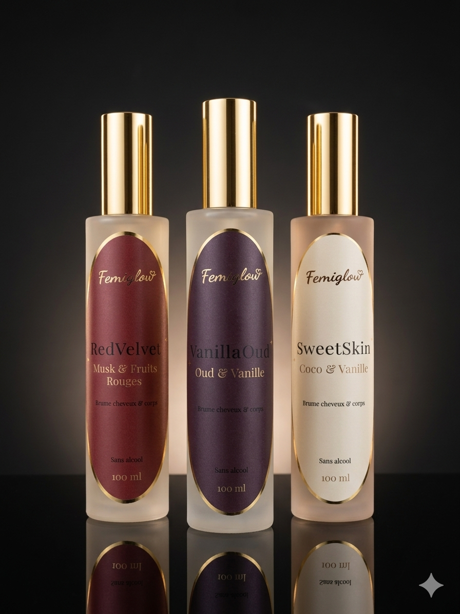 Pack 3 Brumes Parfumées Femiglow – Coco Vanille, Oud Vanille & Musk Fruits Rouges | Sans Alcool